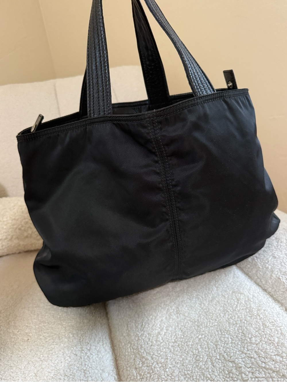 Vintage Prada Triangle Logo Tessuto Nylon Tote with Leather Handles Black - Picture 3 of 9
